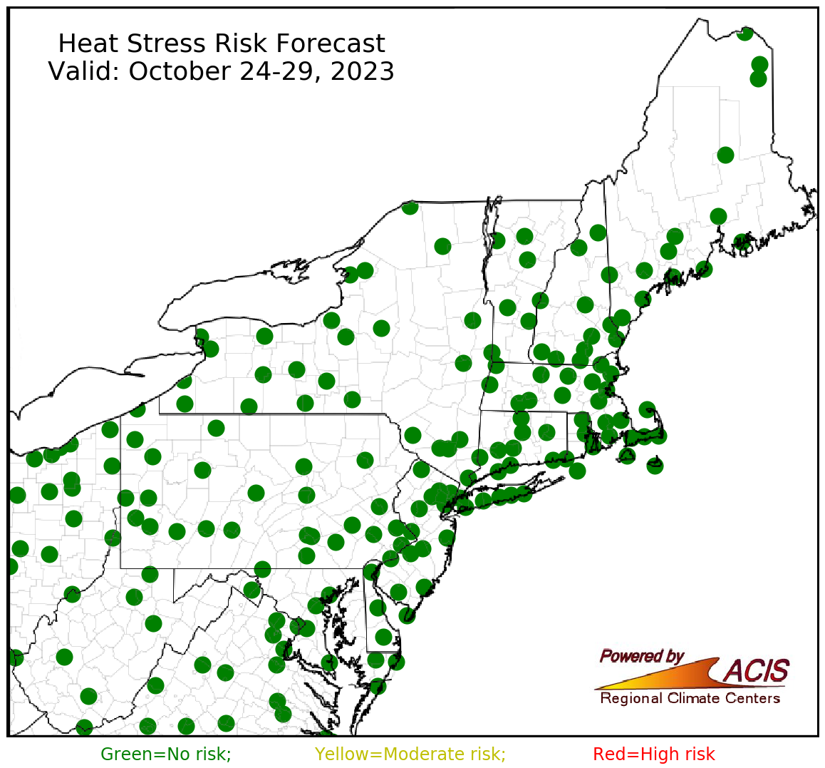 One-week forecast for risks of high heat stress (defined as a nighttime hour when the sum of the temperature (°F) and relative humidity (%) exceeds 150). Red dots indicate at least two high heat stress days or consistent moderate risk.