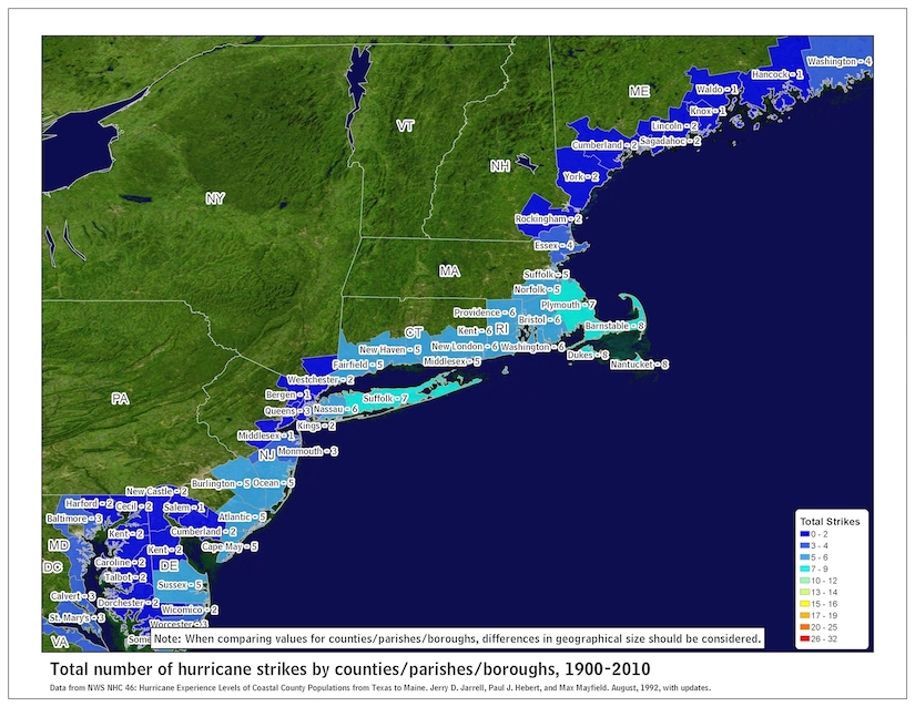 Map of total number of hurricane strikes by county