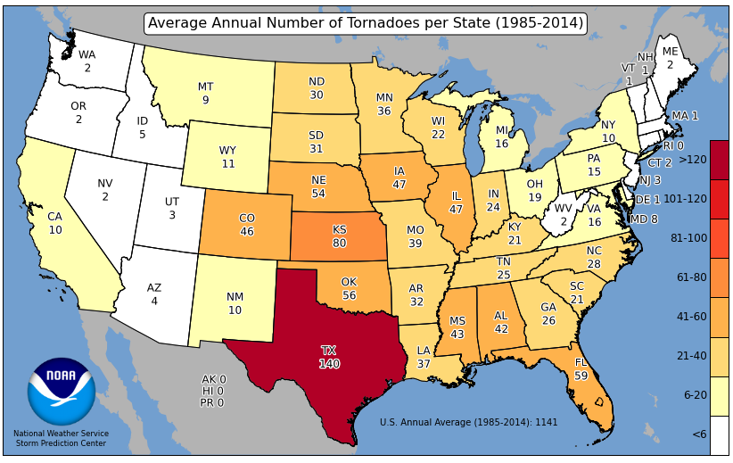 average annual tornadoes per state map