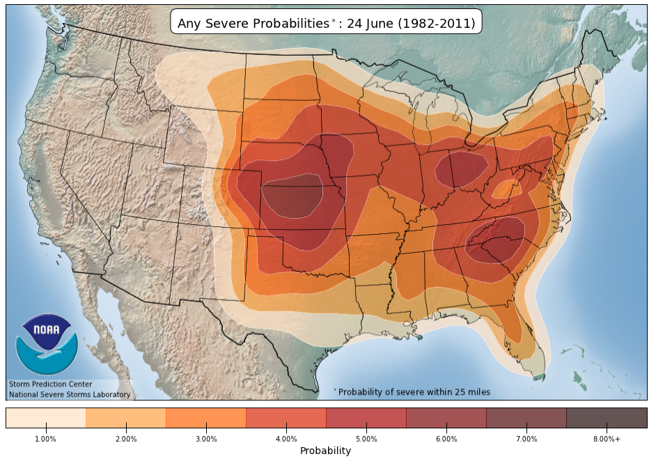 June 24 severe weather probability map