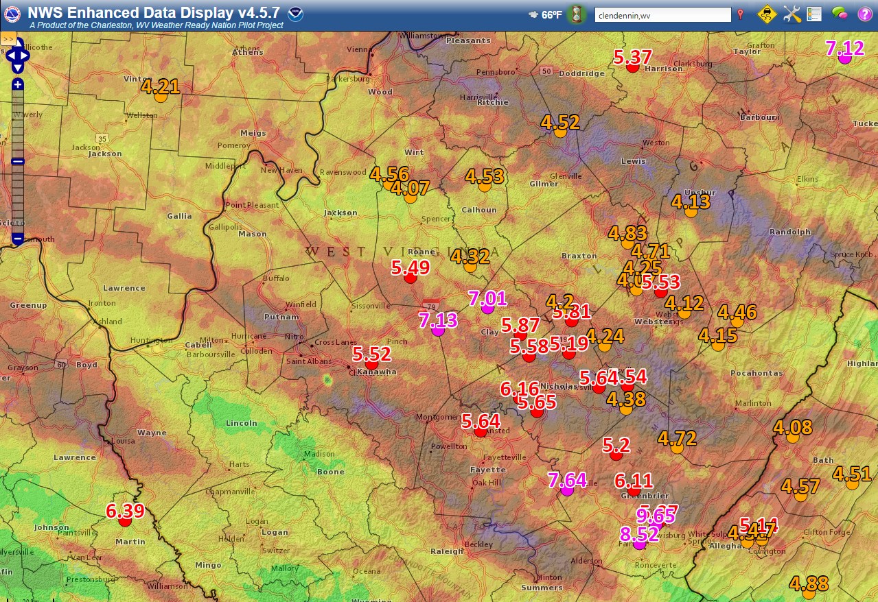 Map of radar precipitation totals for June 23 for WV